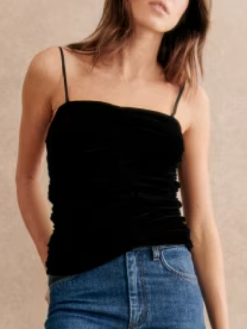 Sezane Swan Velvet Bustier Ruched Top In Black